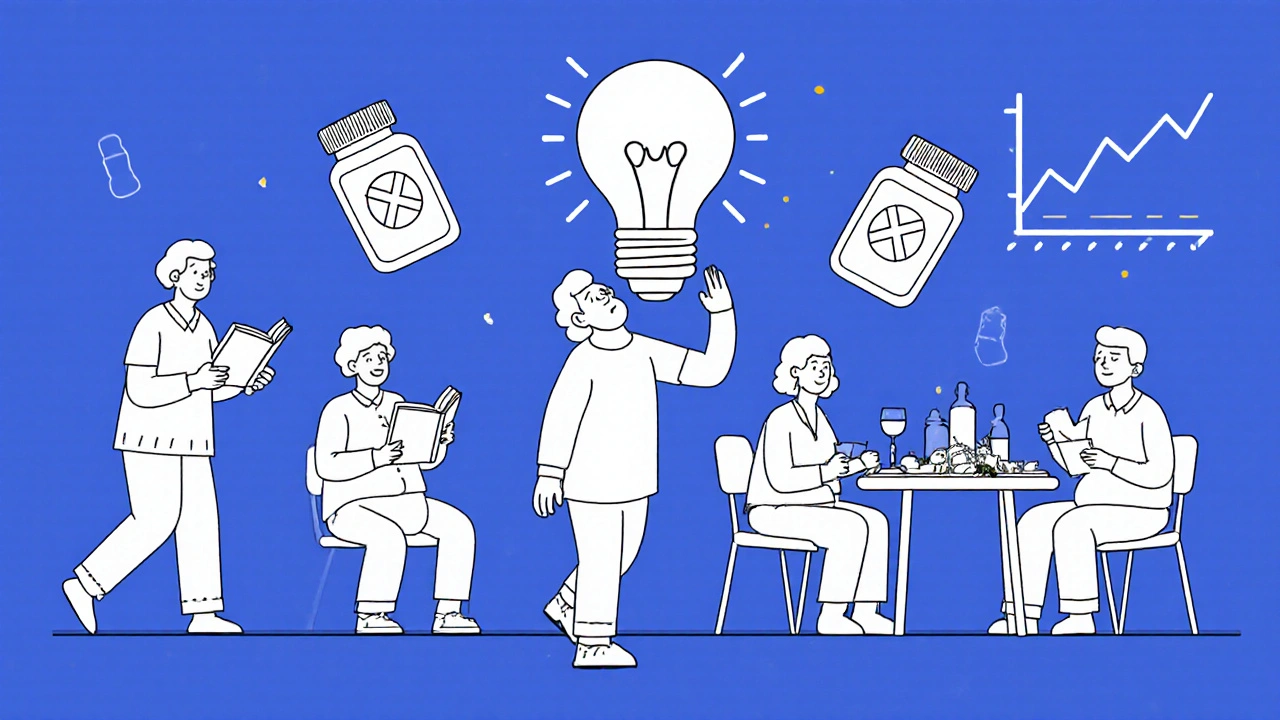 Older adults enjoying daily life with discarded medication bottles around them and a lightbulb of clarity.