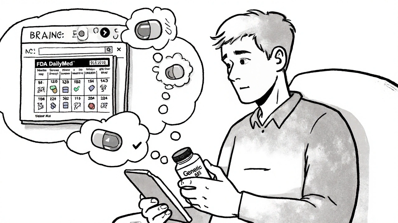 Patient checking FDA website on tablet, calendar showing price drop from brand to generic.