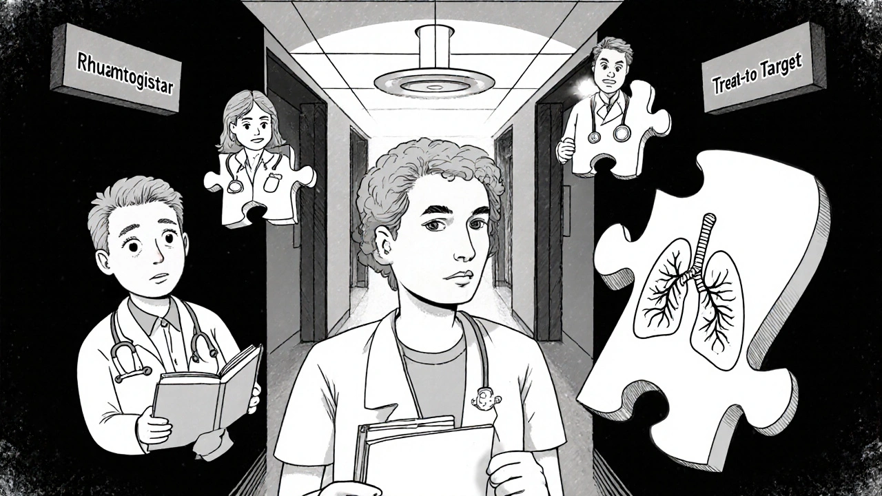 Patient with symptom journal surrounded by specialists holding puzzle pieces shaped like organs