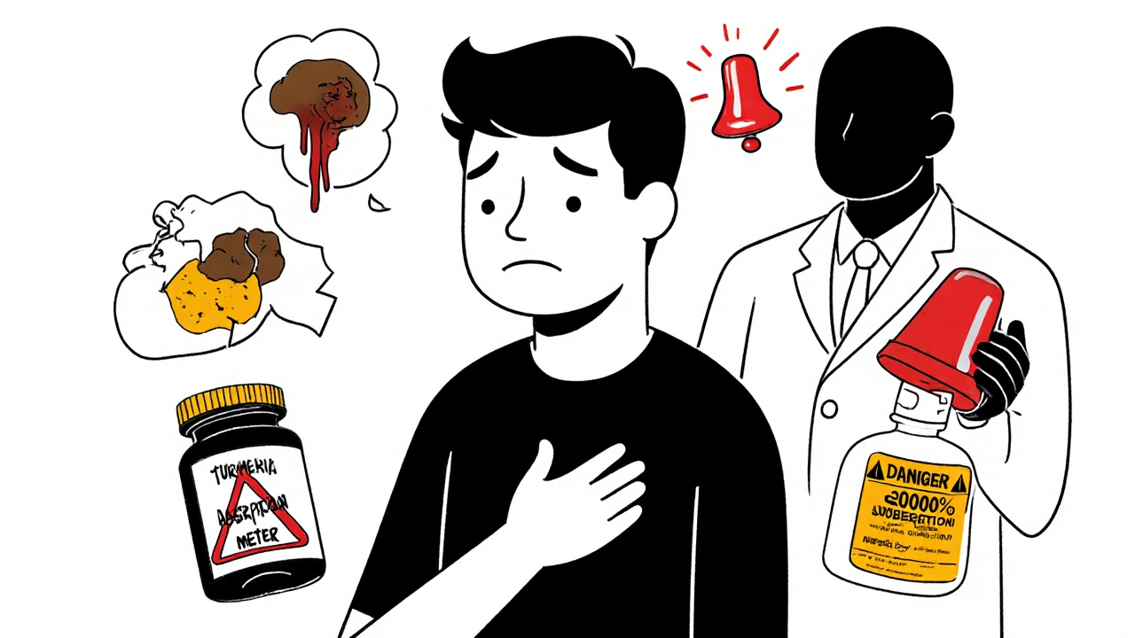 Person experiencing bleeding symptoms surrounded by floating warning signs and a misleading supplement label.