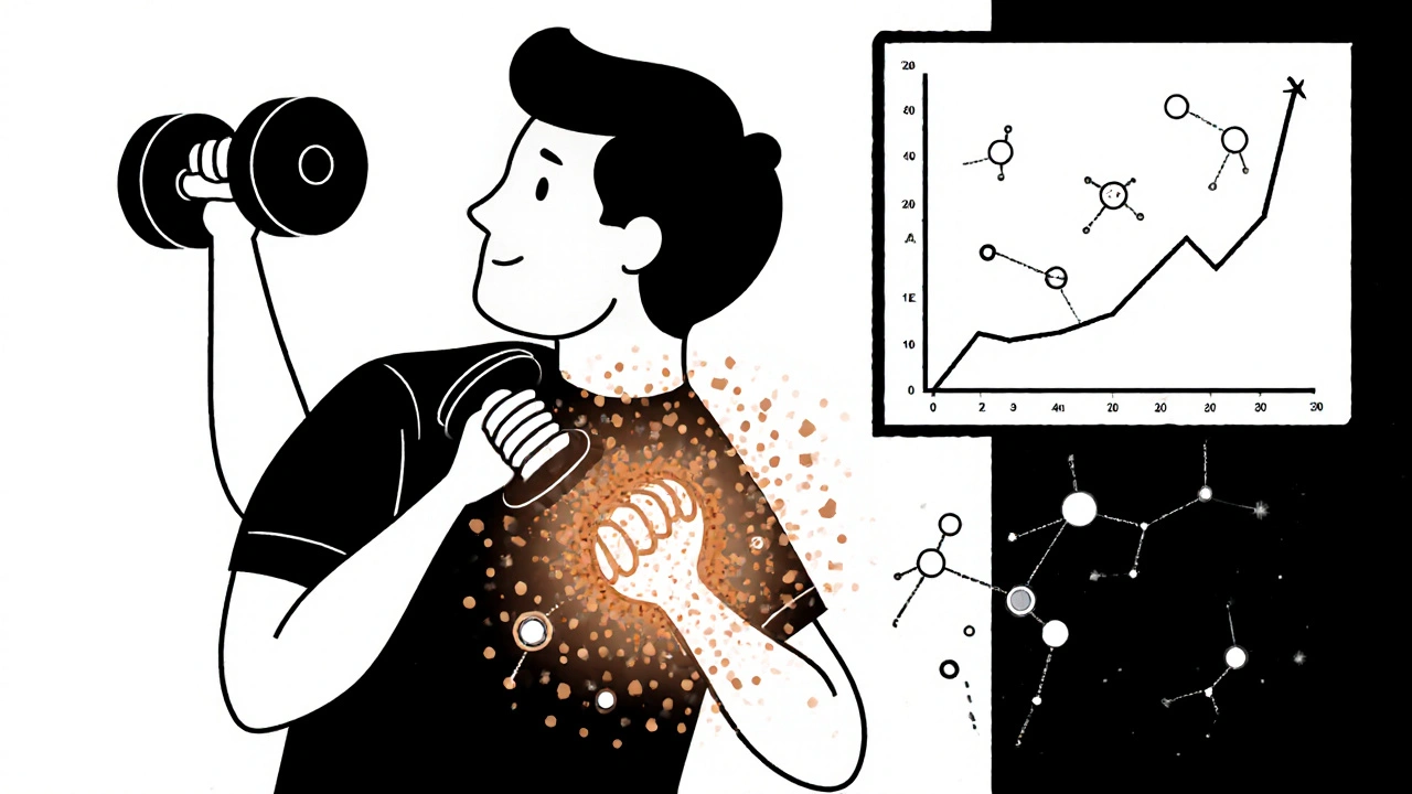 Person lifting weights with activated brown fat and protein molecules glowing nearby.