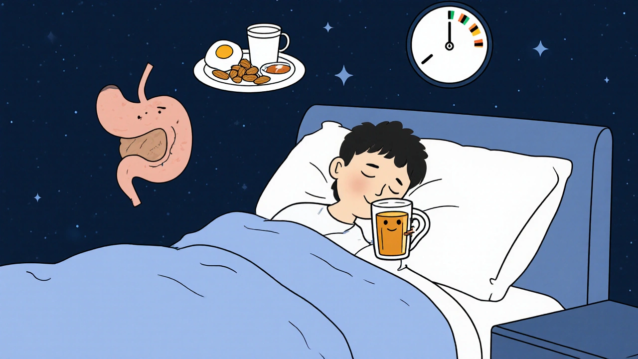 Person sleeping at night with ginger tea and small meals nearby, nausea level decreasing.