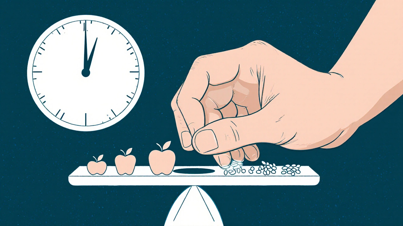 Person slowly adding calories to a scale while muscle and thermometers respond.