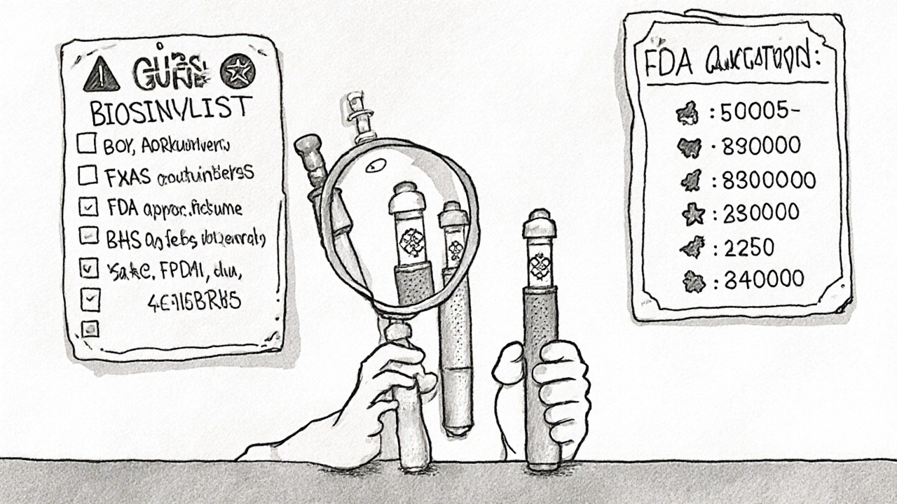 Pharmacist comparing insulin pens with magnifying glass showing identical molecular structures