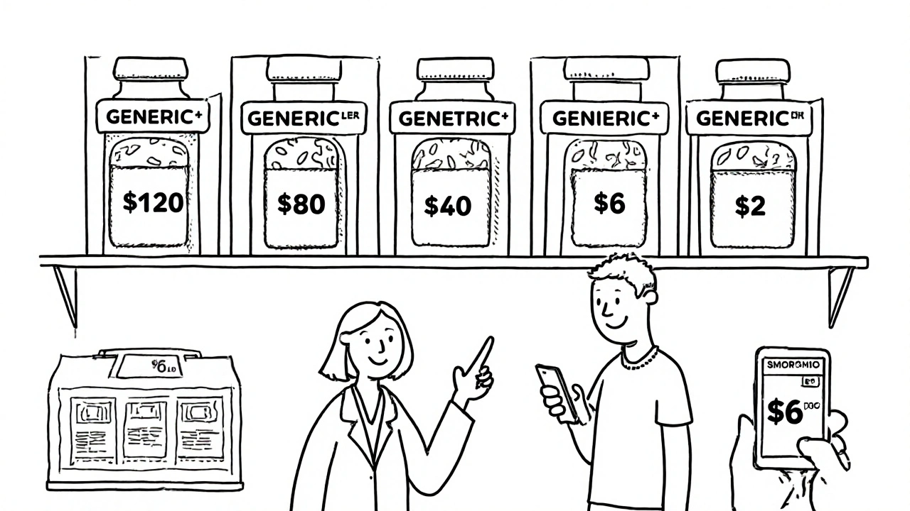 Pharmacy shelf with five generic drug options showing decreasing prices, pharmacist pointing to the lowest-cost choice.