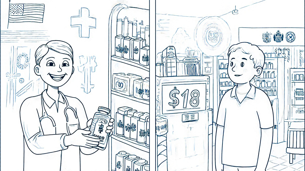 Split illustration comparing U.S. generic drug prices to higher prices in Europe.