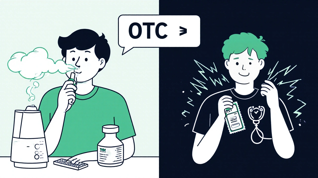 Split scene: safe remedies on one side, dangerous decongestant effects on the other.