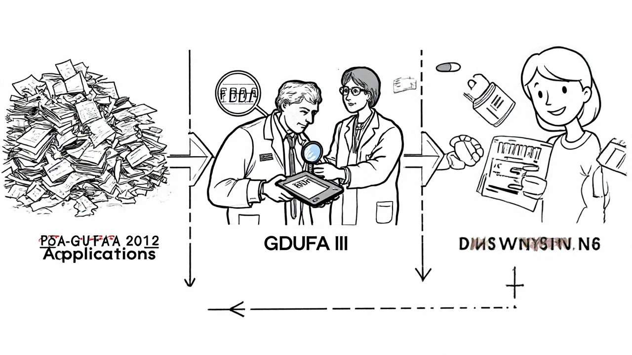 Three-stage pipeline showing chaotic backlog, modern FDA review, and pills reaching patients.
