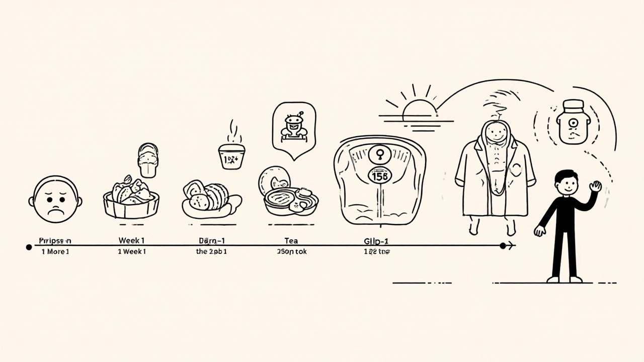 Timeline of GLP-1 journey from nausea to weight loss, supported by health icons and sunrise.