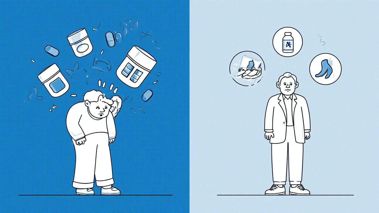 Two elderly people side by side: one drowsy with dangerous pills above, the other alert with safe alternatives.