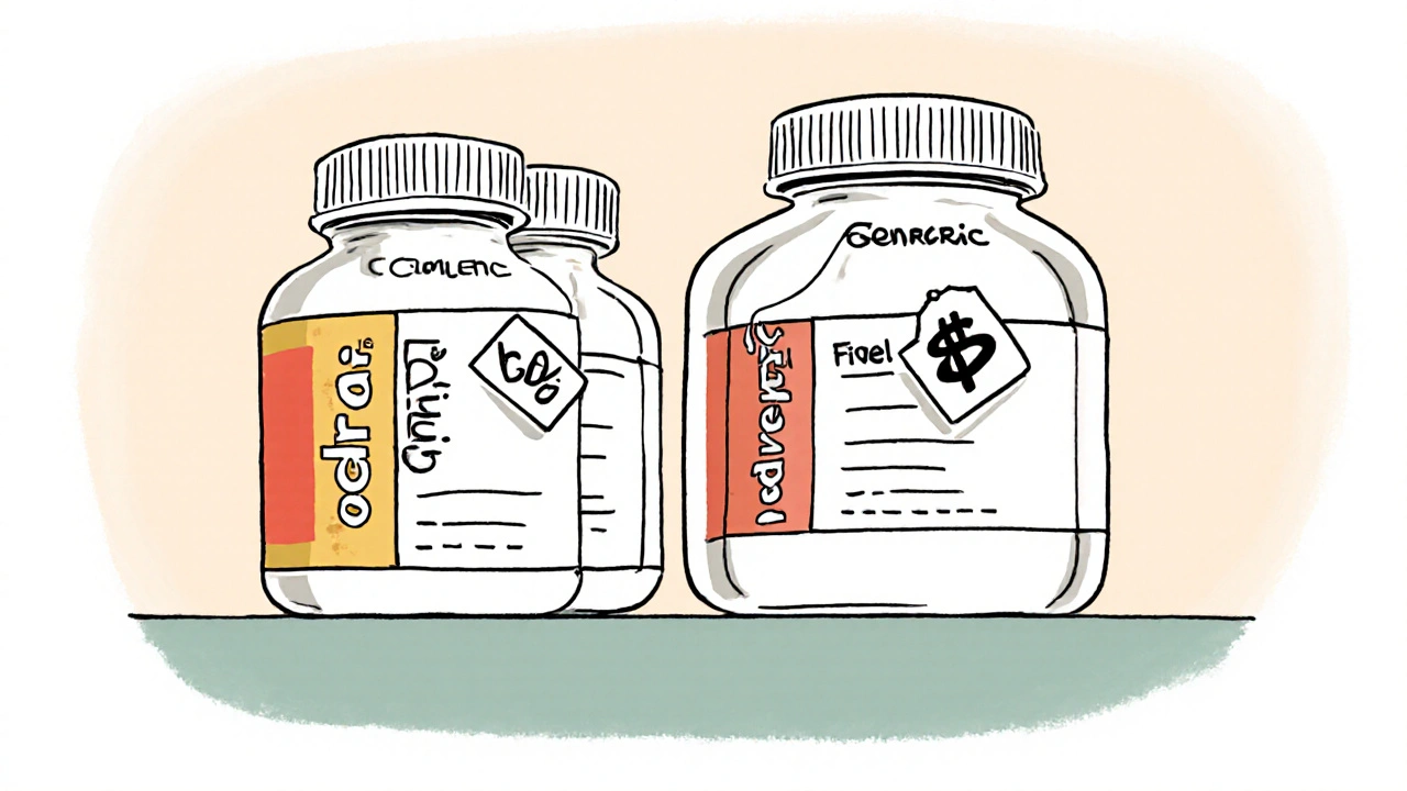 Two identical medicine bottles on a shelf, one branded, one generic with discount price tag.