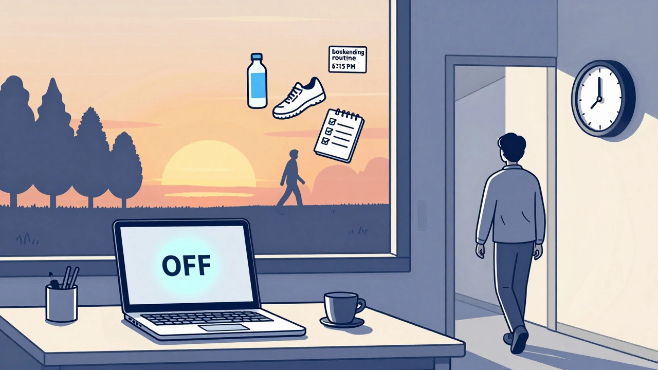 A person leaving work at sunset, walking away from a shut-down laptop toward a calming evening routine.