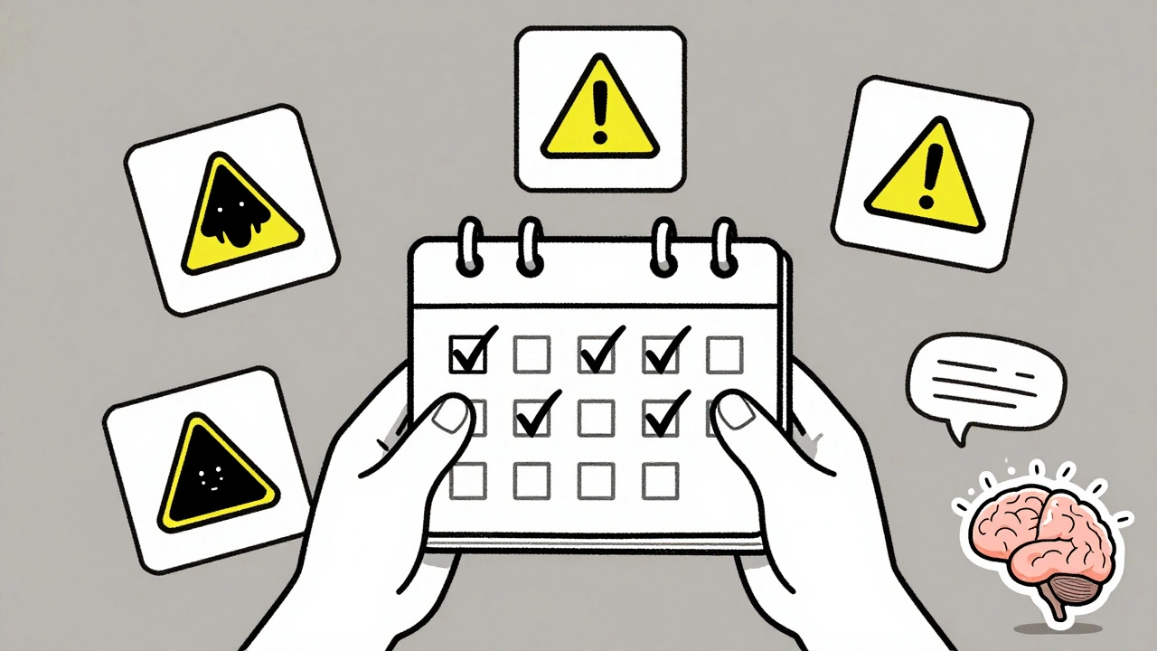 A person tracking medication with warning icons for bleeding symptoms.