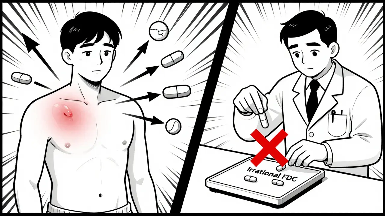 A split illustration showing side effects from a bad combo drug versus personalized dosing.