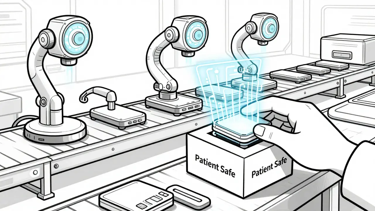 AI sensors monitoring medical devices on a conveyor with human hand placing final product