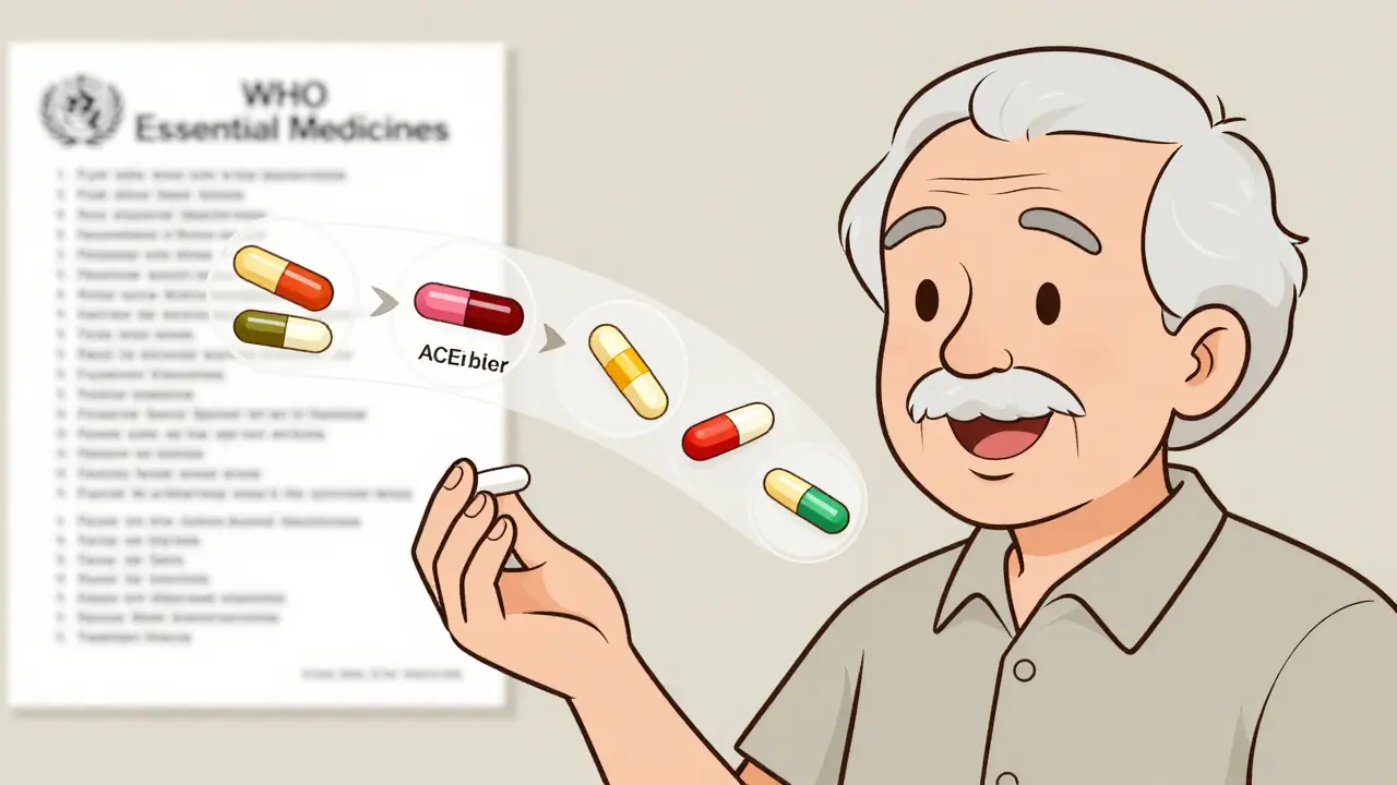 An elderly person holding one pill that represents four combined medications.