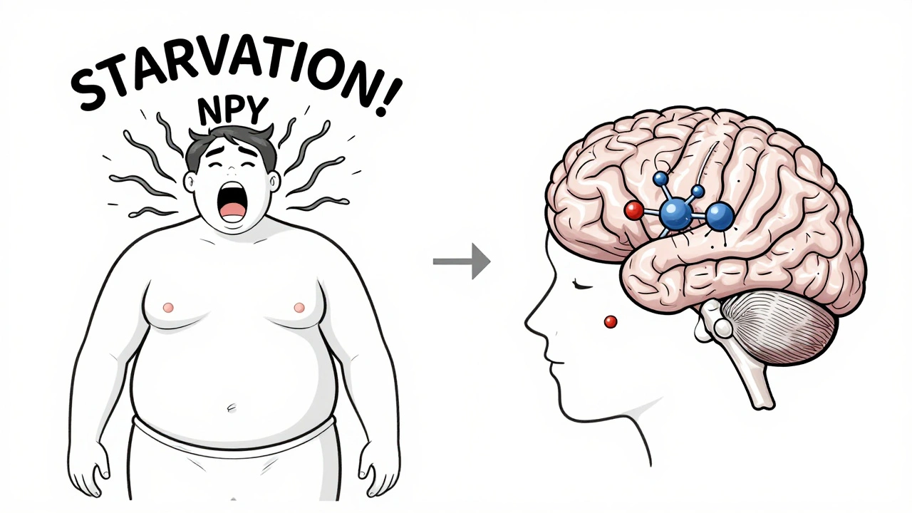 Before and after: weight loss triggering starvation signals vs. drug restoring balance