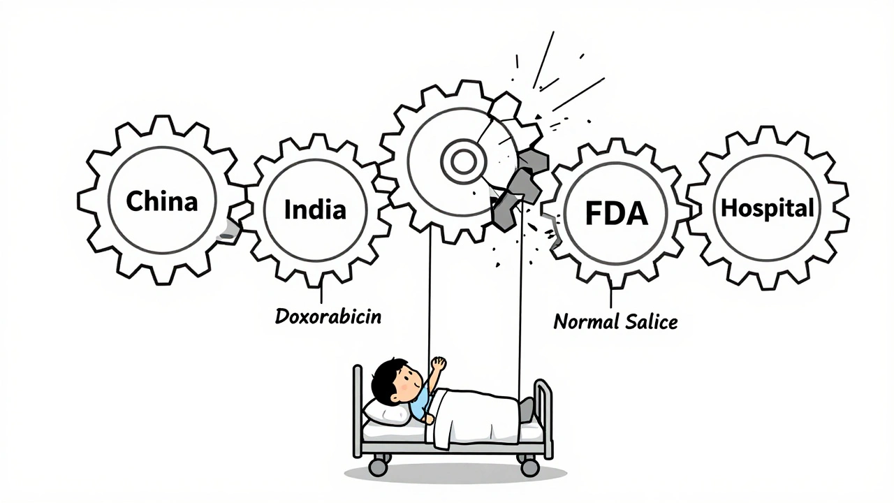 Broken supply chain gears connect Asia to a hospital, with vital drugs fraying like threads.