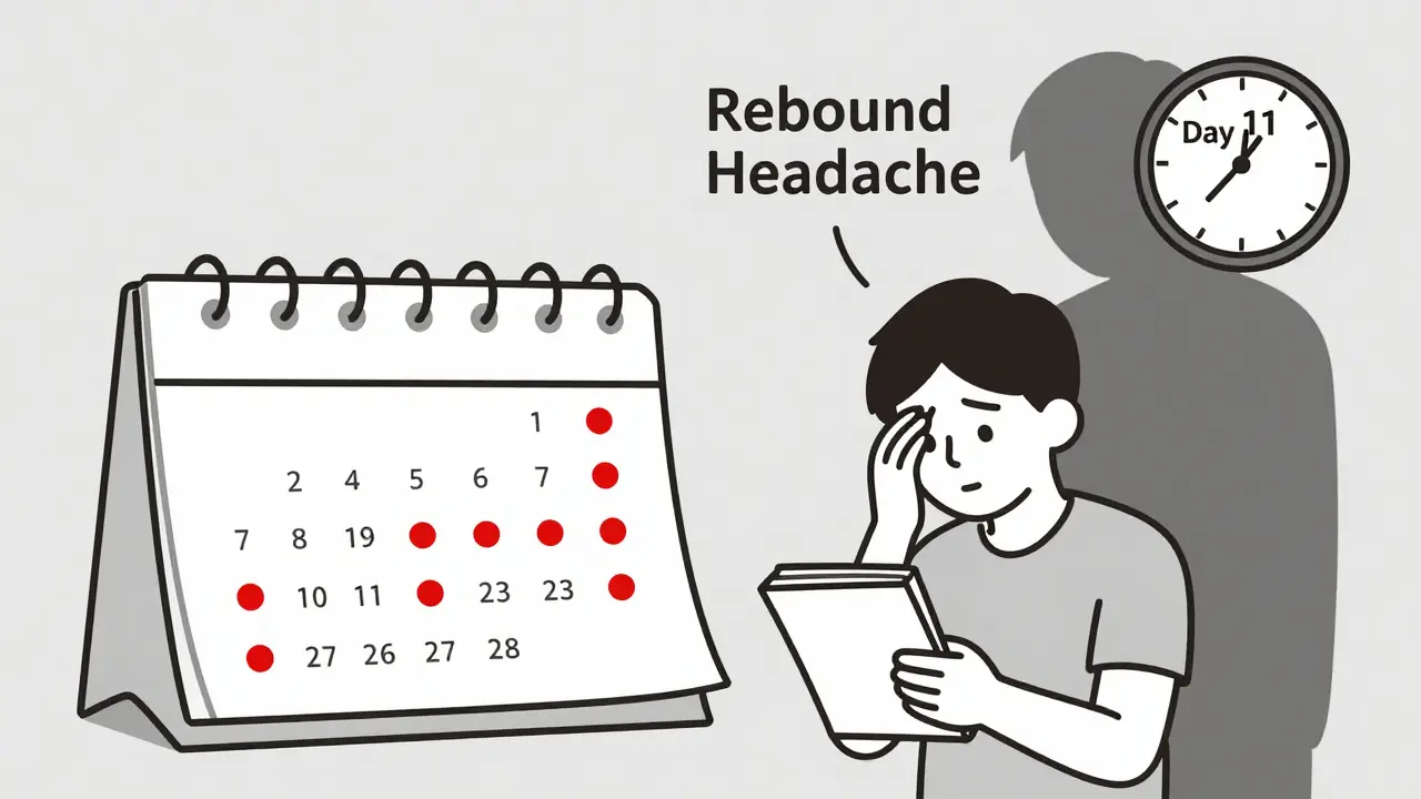Calendar with 10 red dots and a person holding a diary, shadow of rebound headache looming.