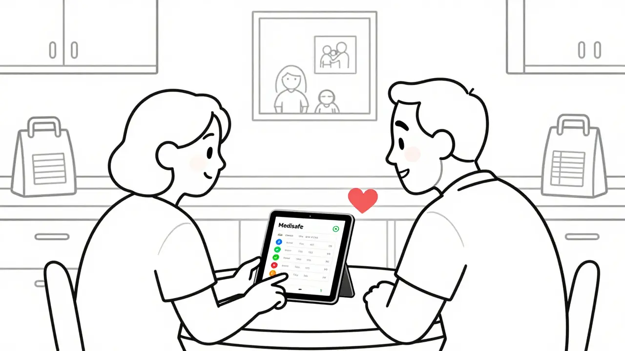 Caregiver and senior reviewing medication schedule on tablet with alert notifications.