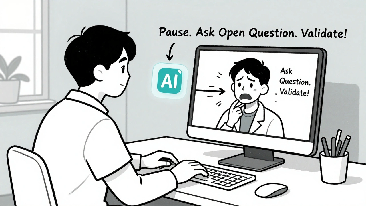 Clinician on telehealth call with AI feedback icons guiding better communication during virtual visit.