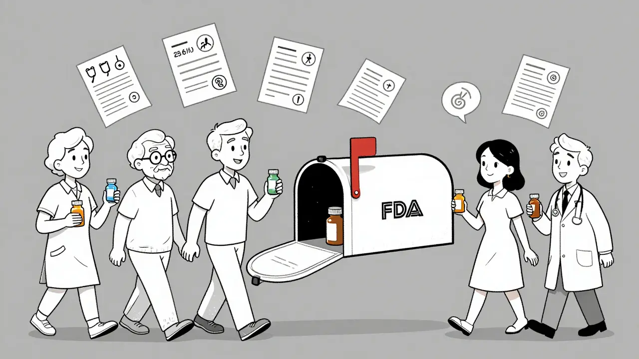 Diverse individuals submitting pill bottles into a heart-shaped FDA mailbox, with symbolic reports rising above.
