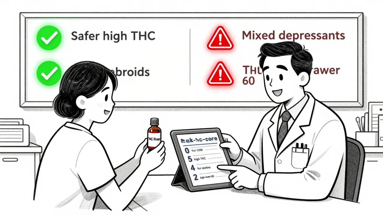 Doctor and patient reviewing a risk-score chart, with safe and dangerous paths shown in clean line art.