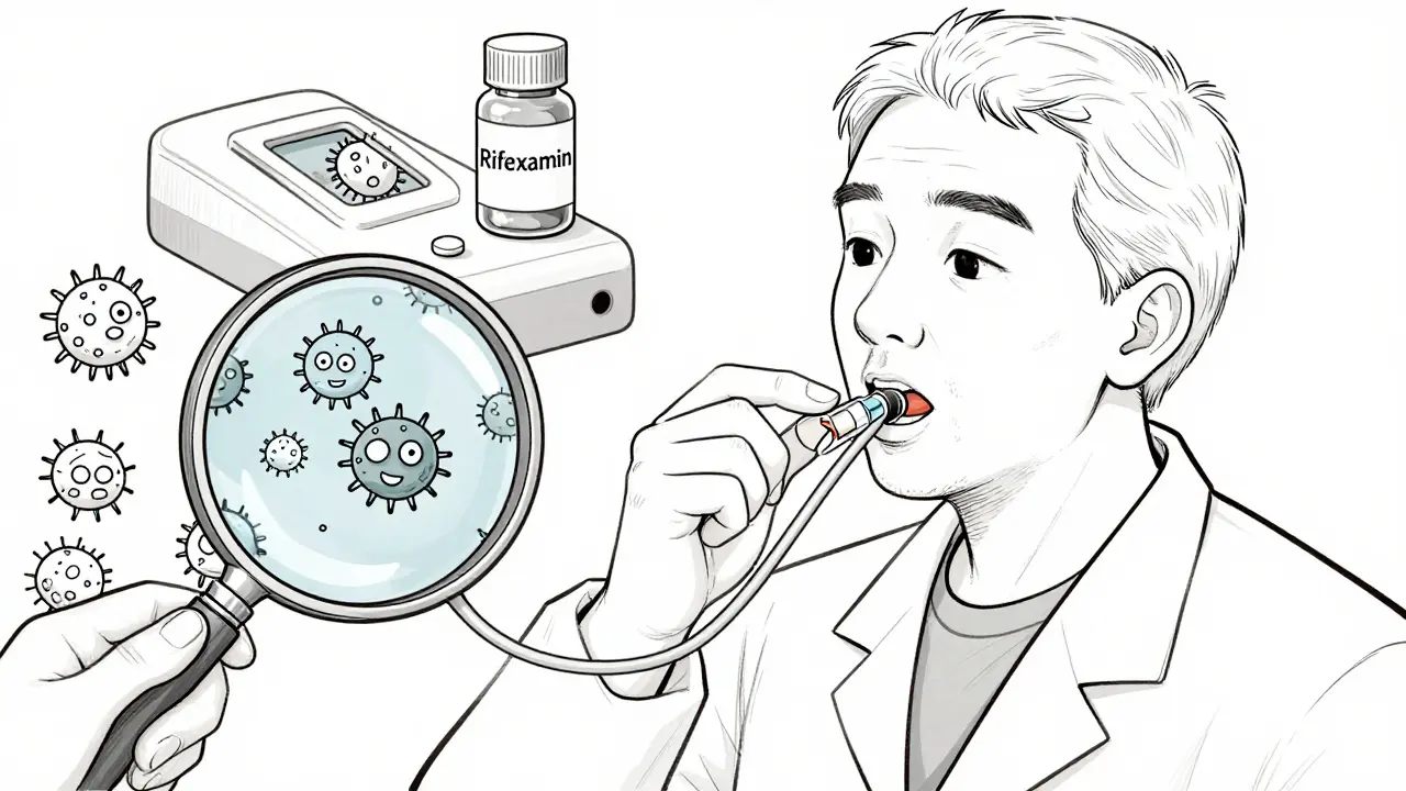 Doctor performing small bowel aspiration with bacteria being counted in a vial under magnification.