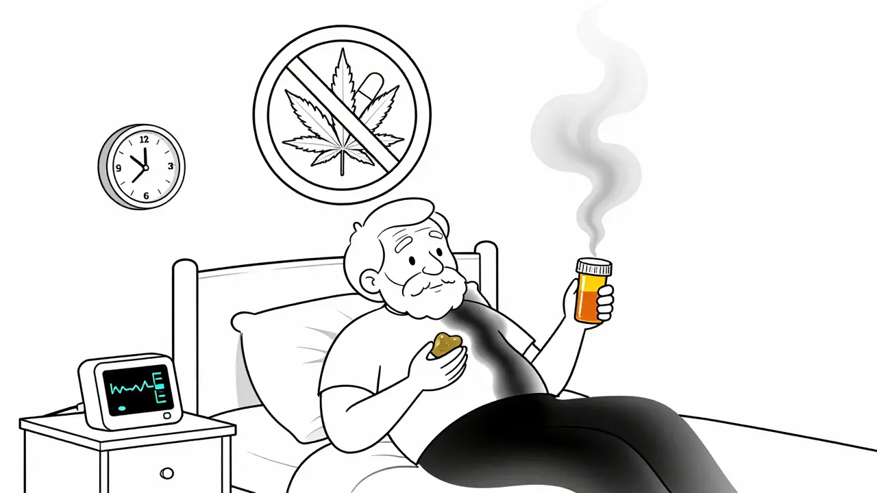 Elderly person holding cannabis and pills, with dark shadows and a warning symbol above, flatline monitor nearby.