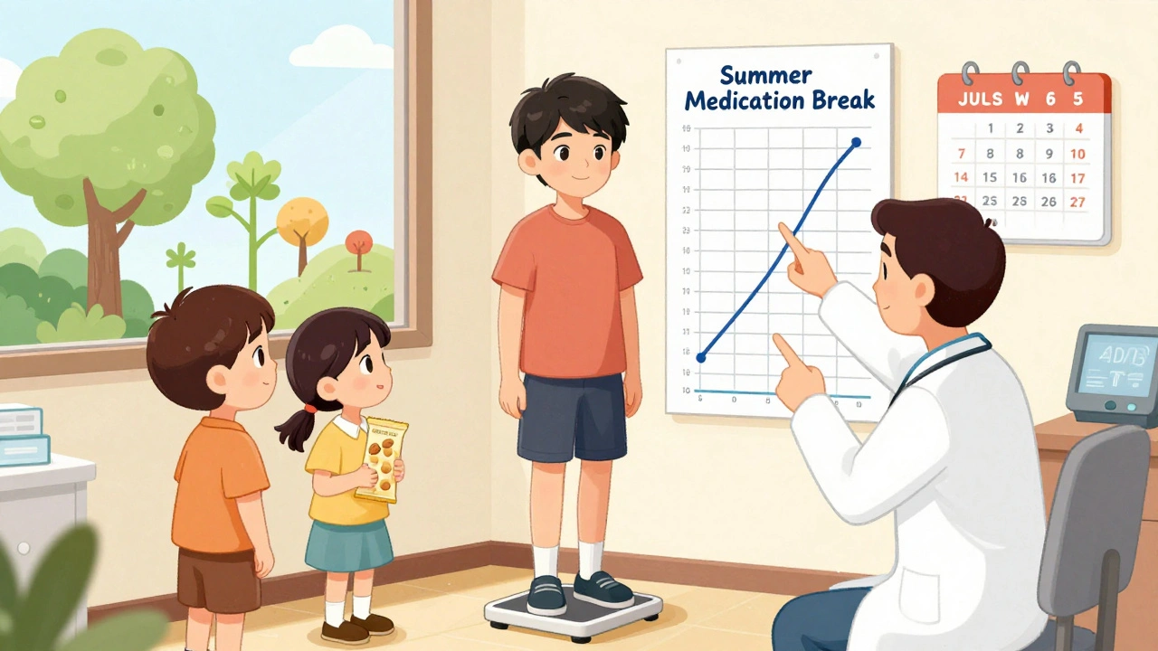 Family in pediatric office reviewing growth chart with doctor, holding healthy snacks.
