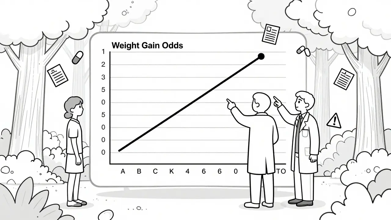 Forest plot chart comparing drug side effects with patient, doctor, and researcher observing.