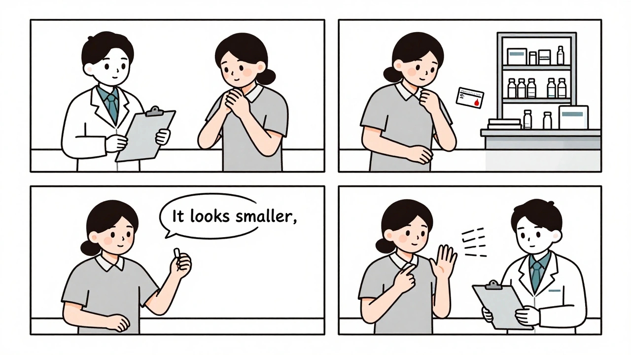 Four-panel illustration showing pharmacist verifying patient identity, purpose, pill appearance, and other medications.