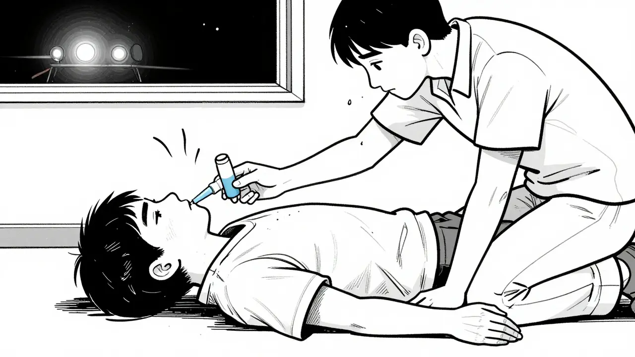 Friend administering Narcan to someone in recovery position, another calling 911.