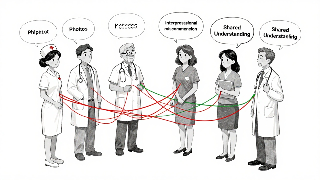 Healthcare team connected by tangled threads, one green thread forming understanding among them.