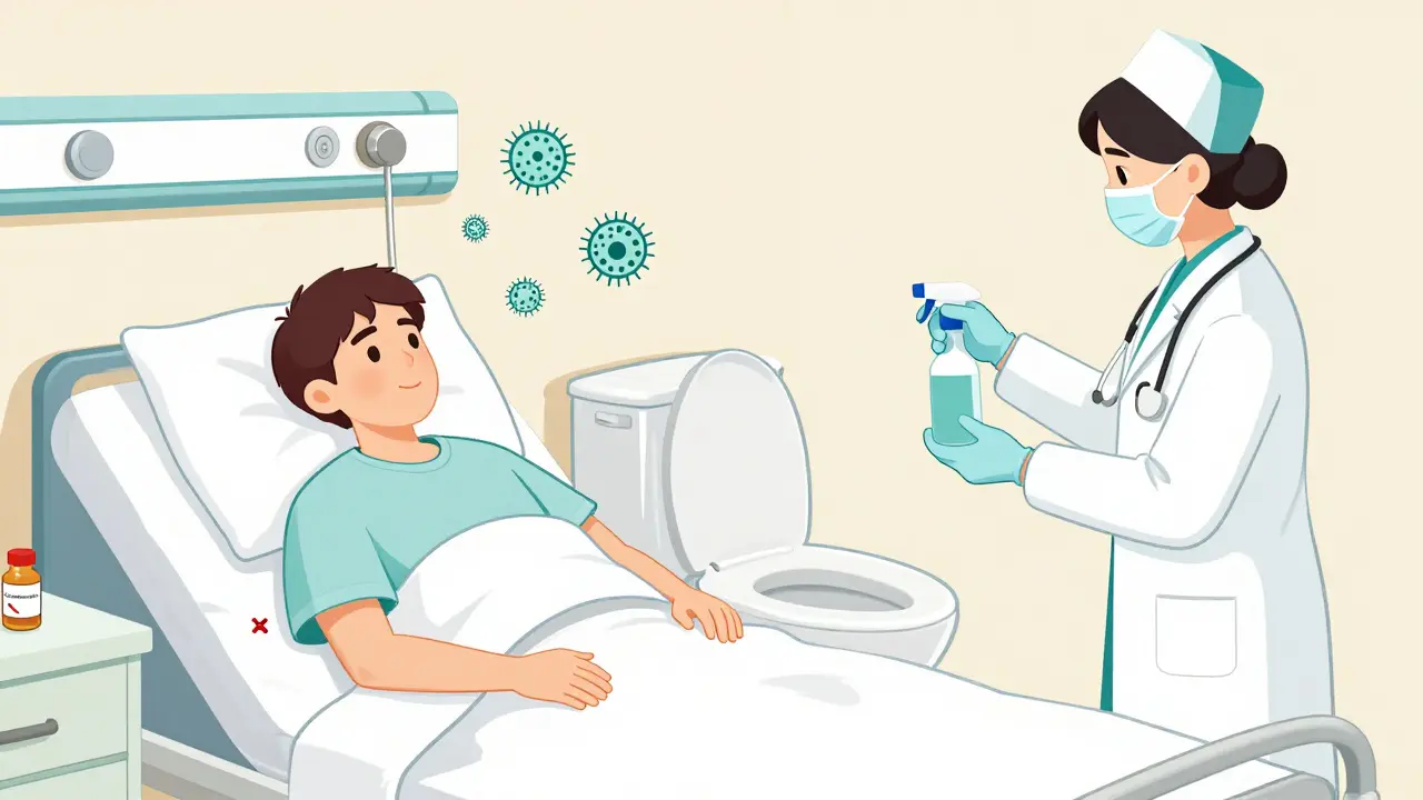 Hospital room with nurse cleaning doorknob, patient with stool sample, antibiotic bottle crossed out