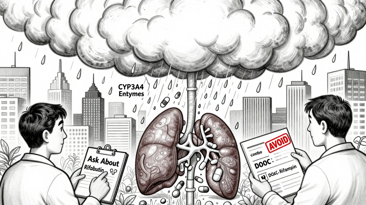 Metabolic storm cloud dissolving medications over organs, patient holding 'Ask About Rifabutin' note.