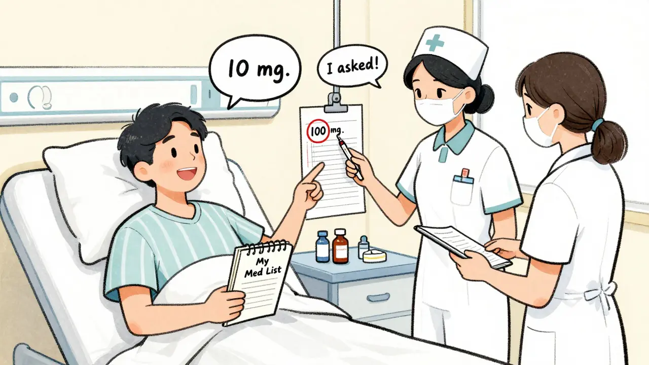 Nurse double-checks high-alert drug dose with patient holding med list, spotting a labeling error.