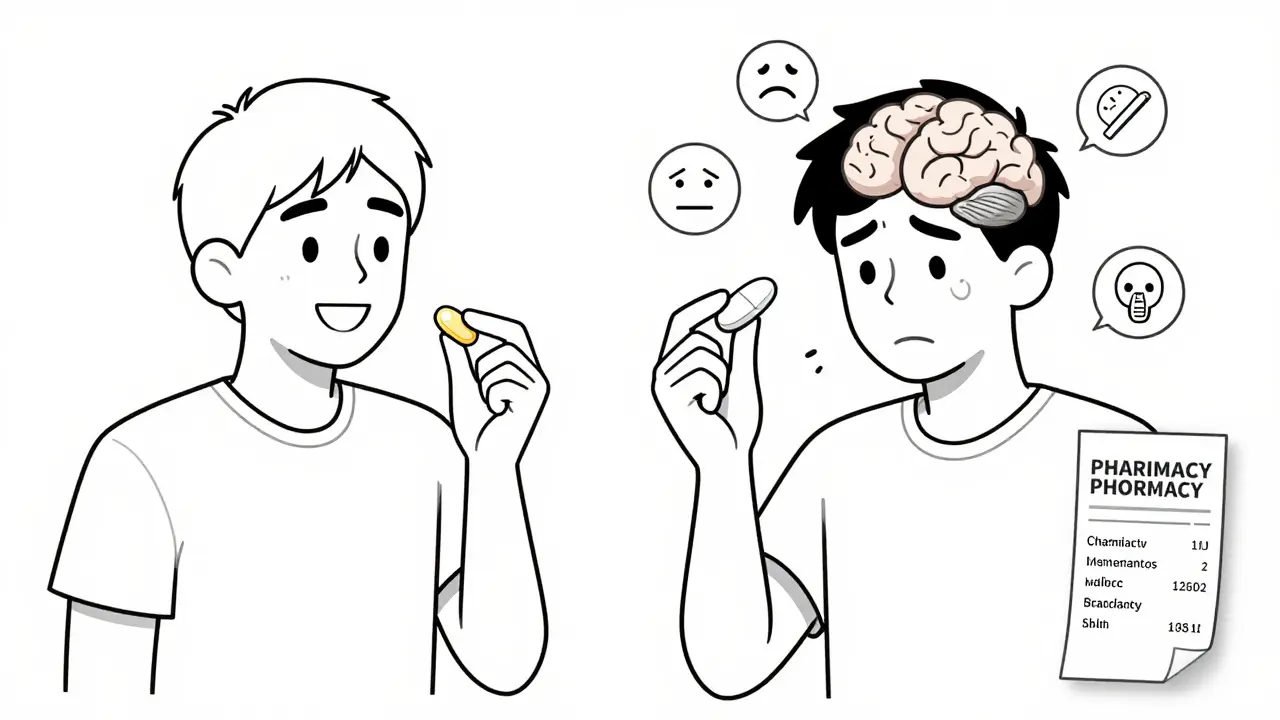 Patient comparing familiar and new generic pills, with anxiety and insomnia icons floating around them.