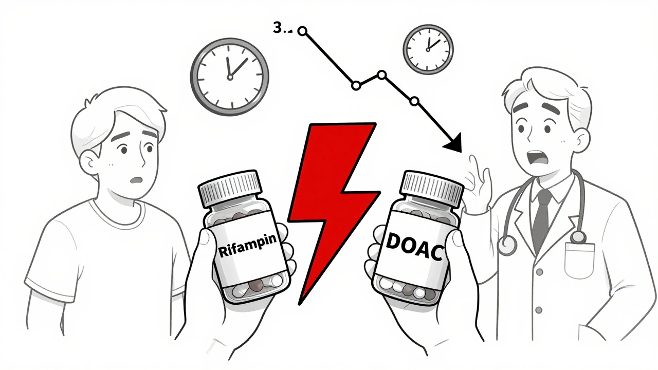 Patient holding rifampin and DOAC bottles with a lightning bolt warning and falling INR graph.