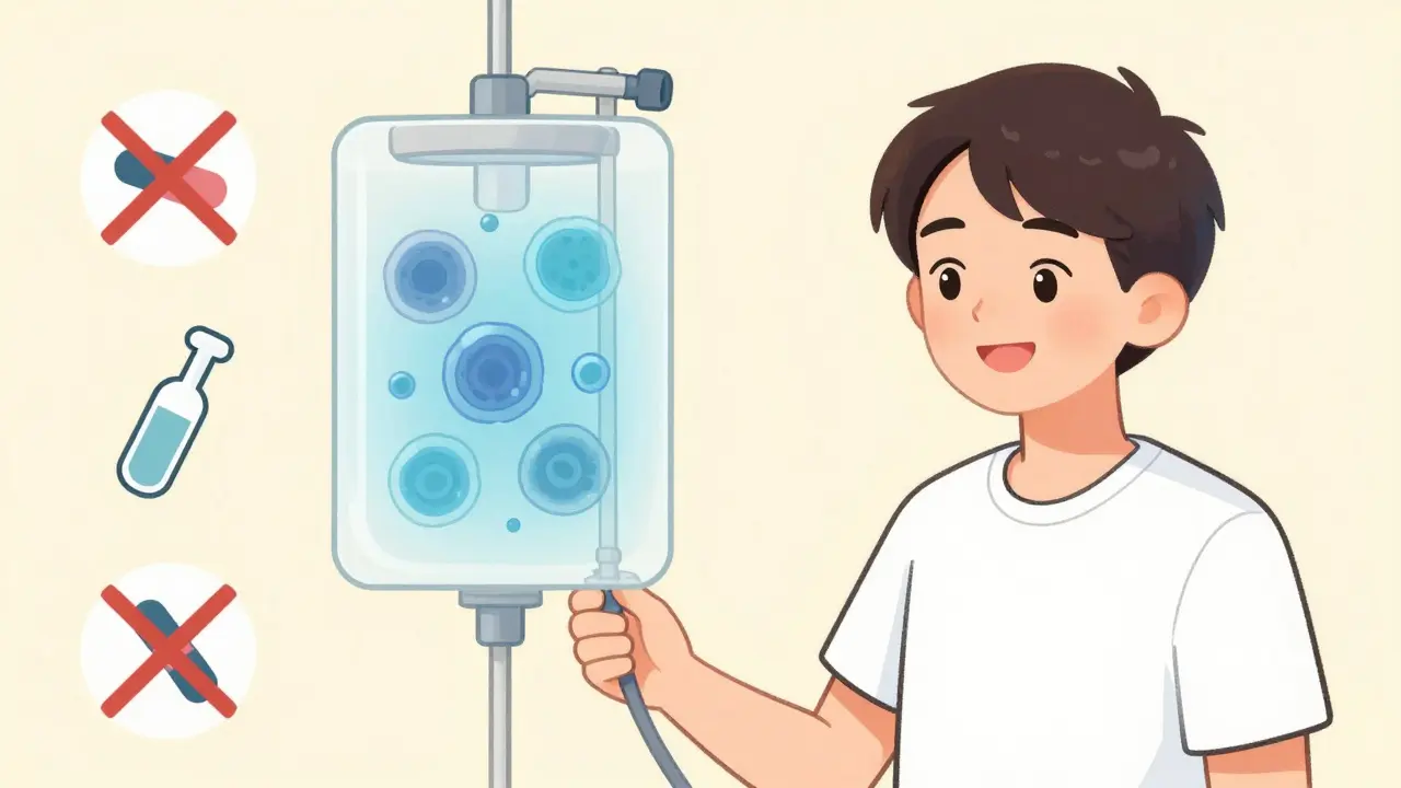 Patient receiving slow vancomycin drip with histamine bubbles dissipating, avoided triggers marked with crosses.