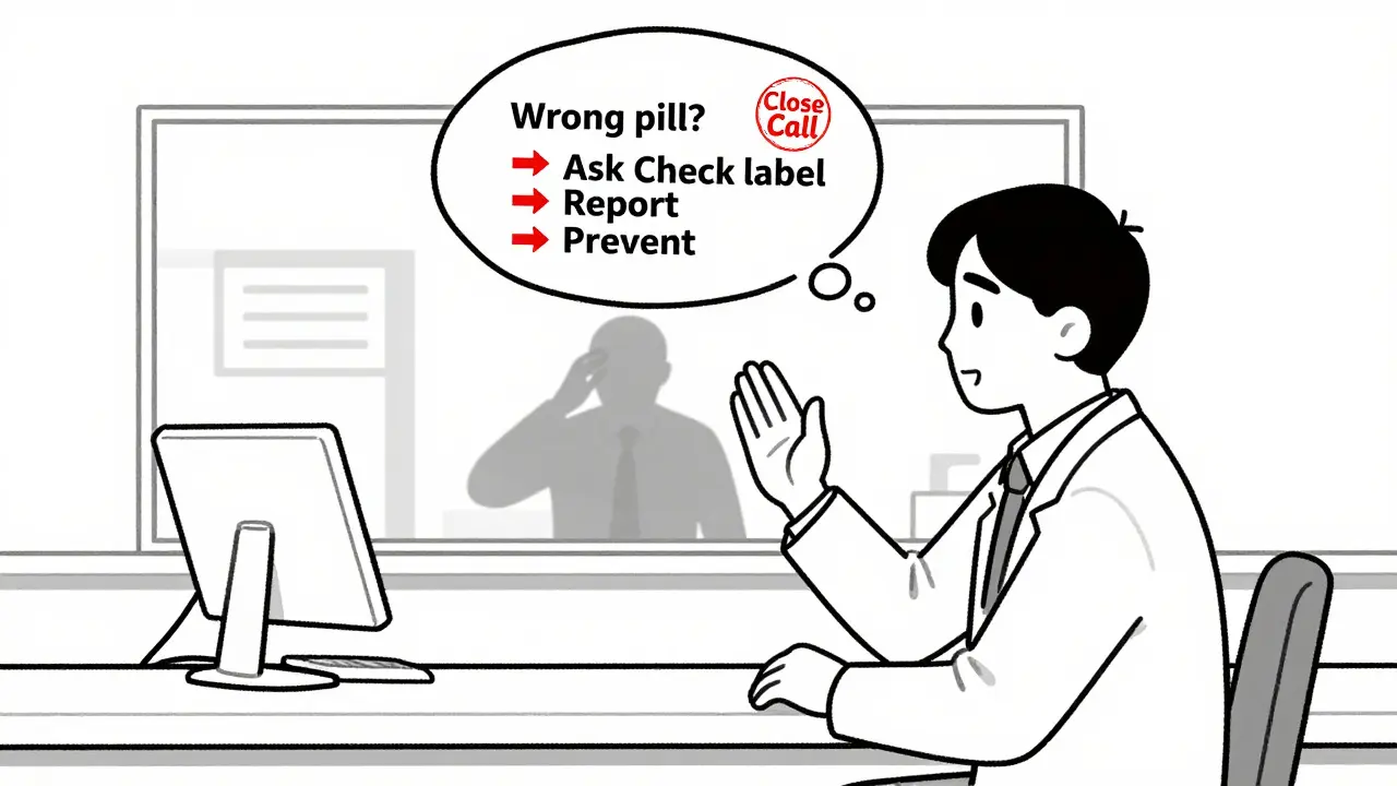 Patient speaking to pharmacist with thought bubble showing how to prevent medication errors.