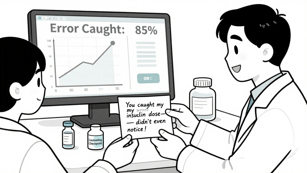 Patient thanks pharmacist for catching a wrong insulin dose, with a success graph and counseling sticker visible.