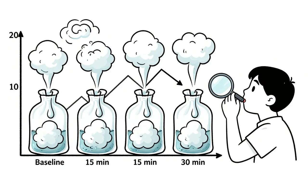 Person blowing into breath test bags with rising hydrogen and methane gas levels shown as puffs.