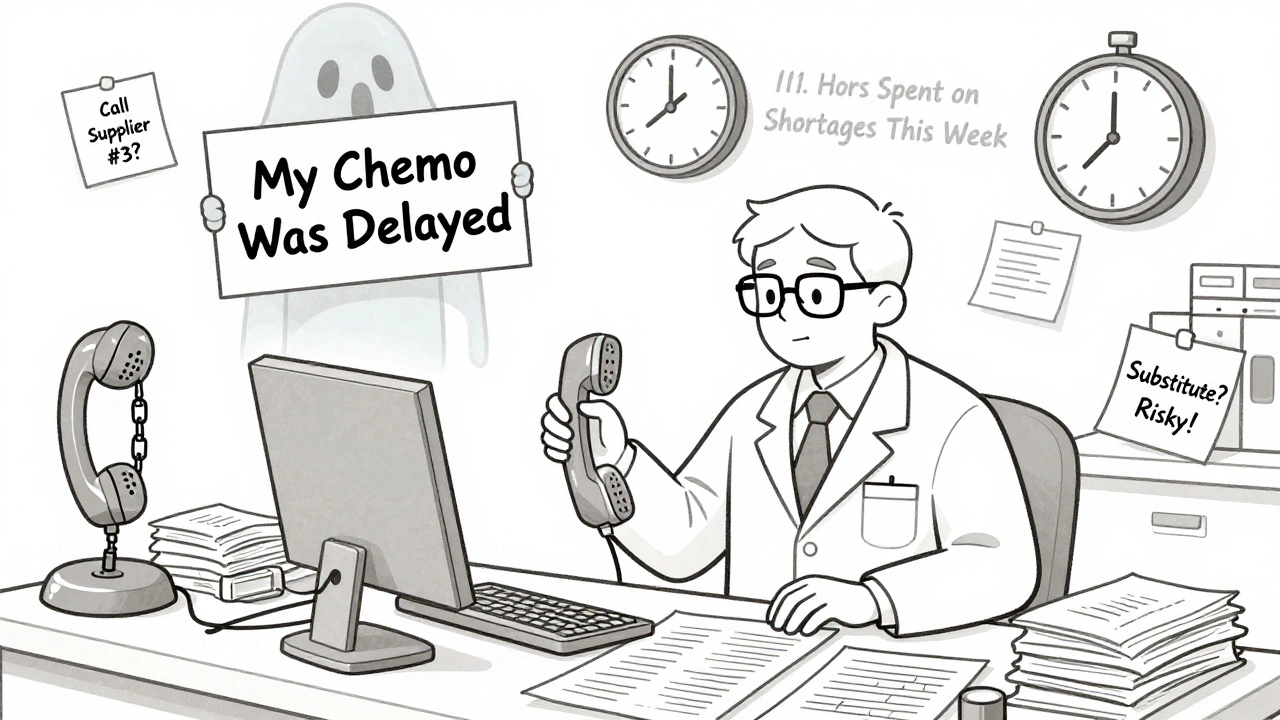 Pharmacist overwhelmed by paperwork and phone calls during a drug shortage crisis.