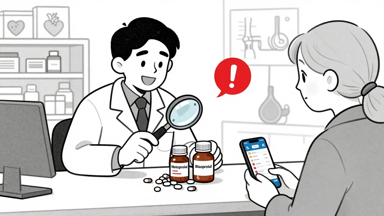 Pharmacist reviewing pill bottles with warning symbols above duplicate medications.