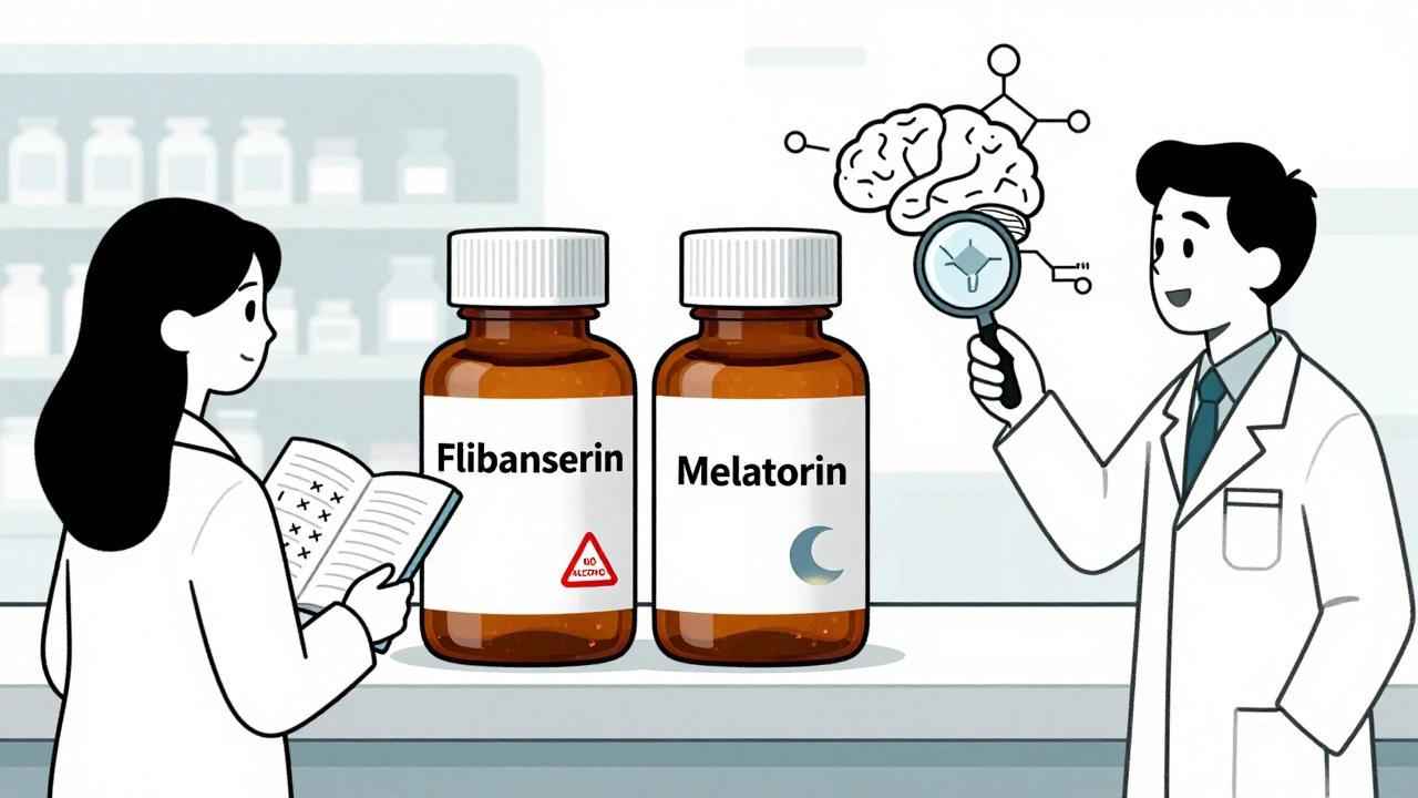 Pharmacy counter with flibanserin and melatonin bottles, woman holding sleep diary, doctor using magnifying glass.