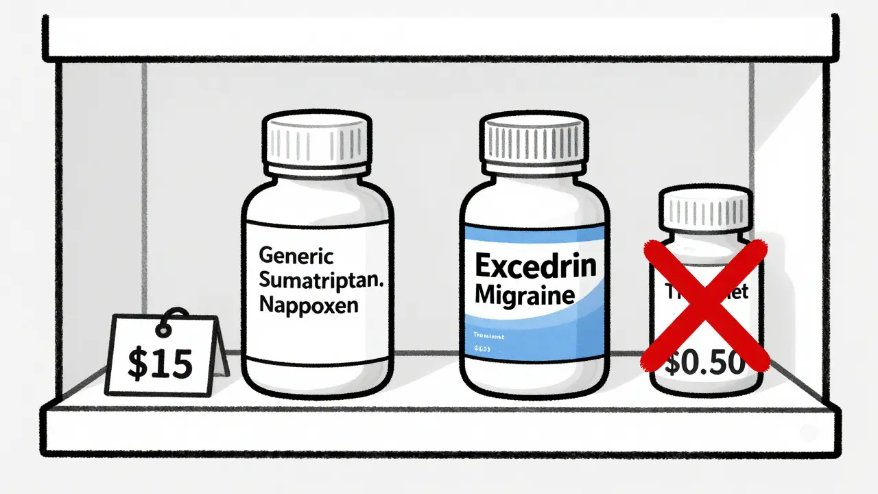 Pharmacy shelf with generic migraine meds priced low, brand name pill crossed out in red X.