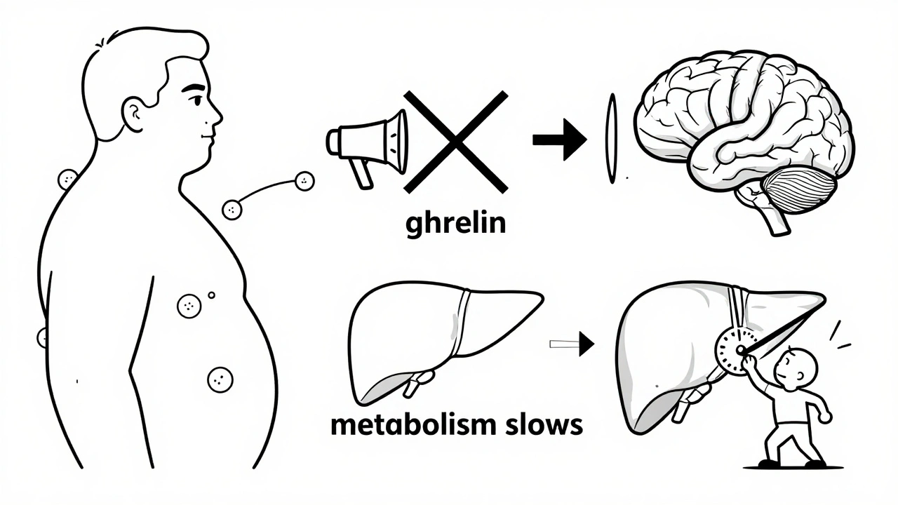 Profile view of body with hormonal signals ignored by brain, metabolism slowing