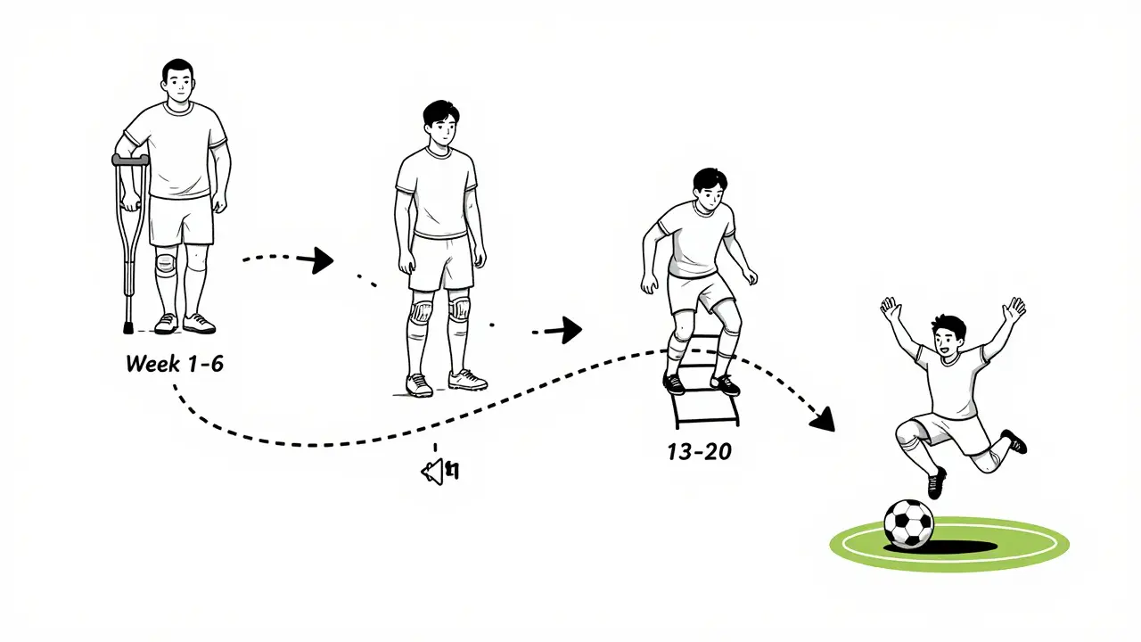 Rehabilitation timeline path showing four stages from crutches to returning to sports.