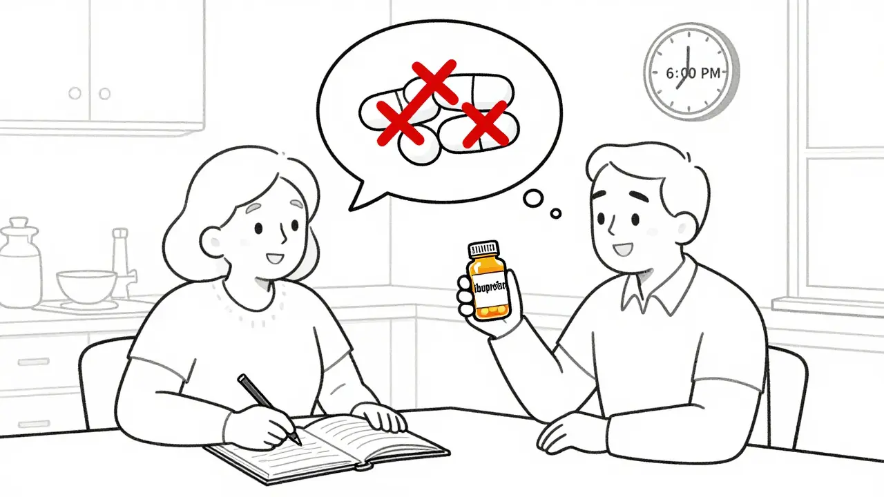 Senior woman writing medication list at kitchen table while husband holds up ibuprofen bottle.